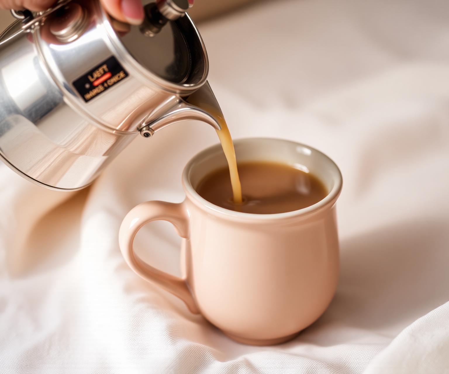 Café con leche being poured into a blush ceramic mug